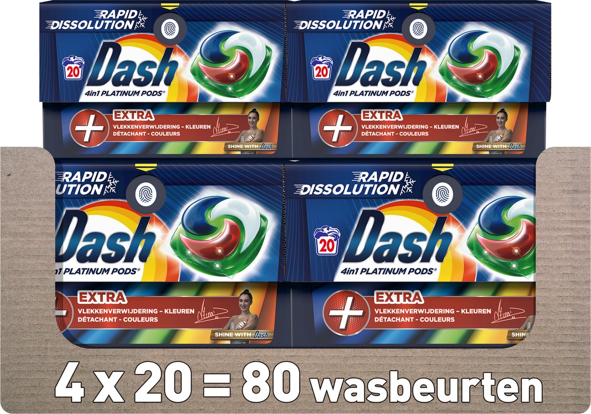 Dash 4in1 PODS - +Extra Vlekkenverwijderaar Kleuren - Wasmiddelcapsules - Voordeelverpakking 4 x 20 Wasbeurten