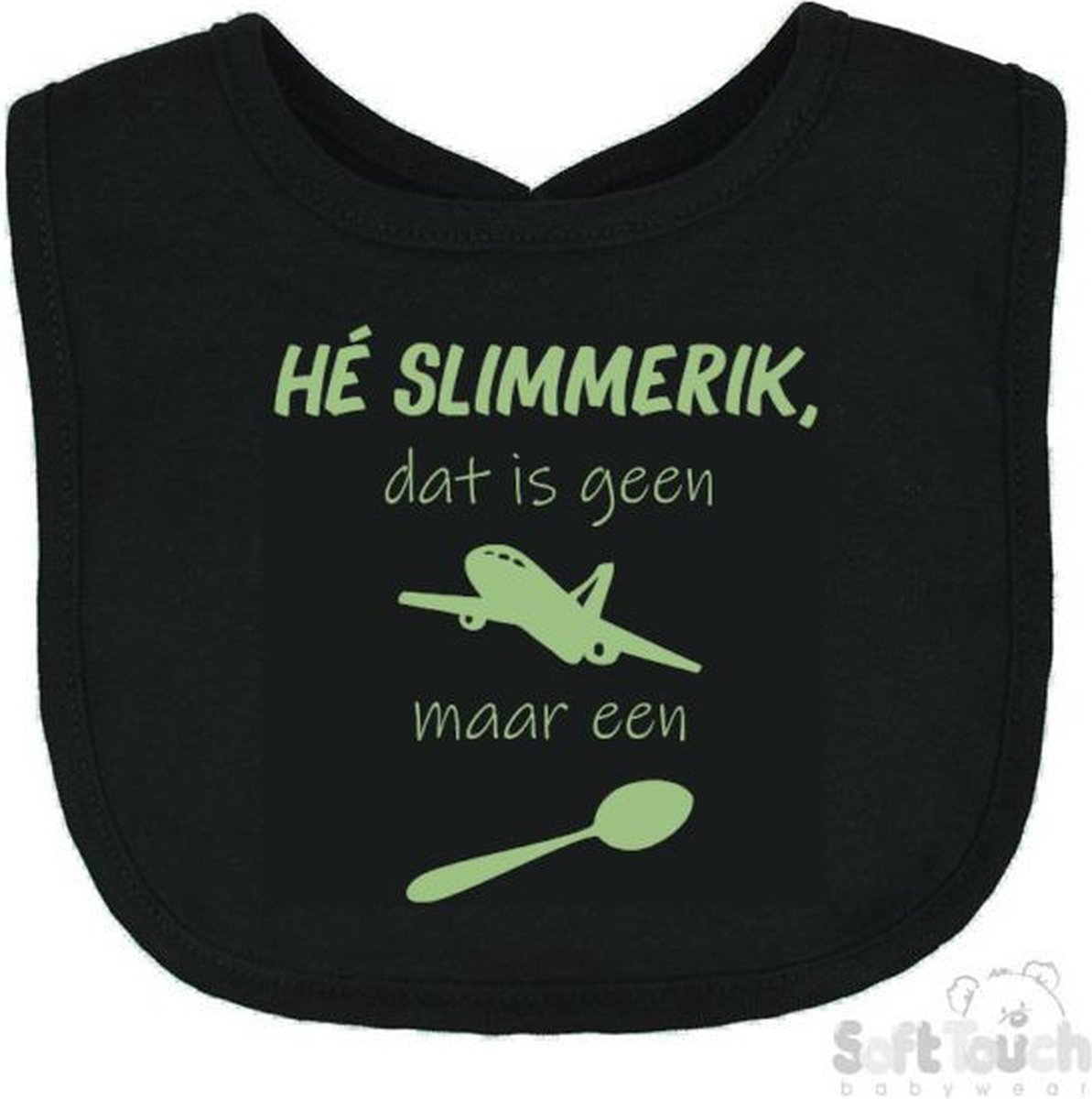 Goedkoopste Soft Touch Slabber Slabbetje Slab He slimmerik, dat is geen vliegtuig maar een lepel Unisex Katoen Zwart/sage green (saliegroen) Maat 33x22 Cm