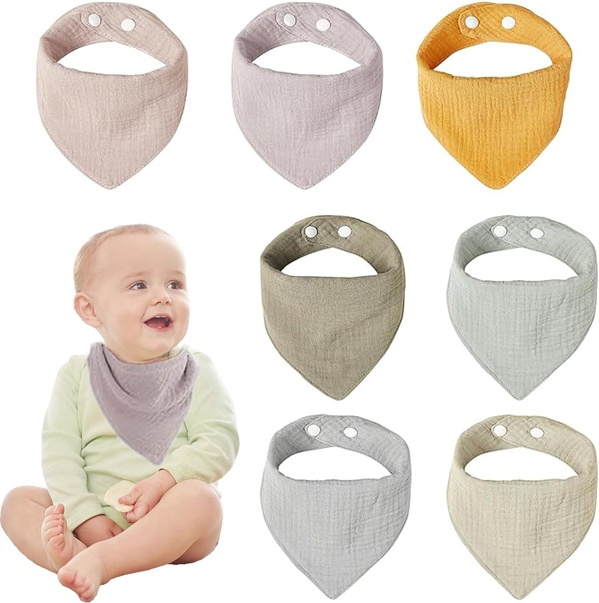Slabbetje voor baby's, absorberende driehoekige sjaal, 7 stuks, mousseline halsdoek voor baby's, zachte slabbetjes met verstelbare drukknop, zachte mousseline halsdoek, Sabberslabbetje voor jongens en meisjes (roze), Meerkleurig, Eén maat