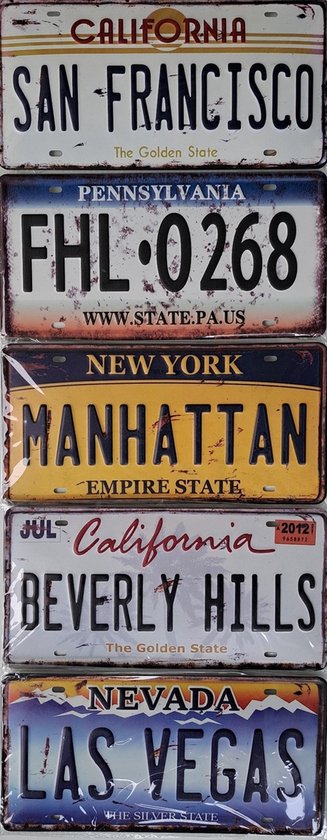 Denza - 5 x plaques d'immatriculation de l'État américain en étain - décoration - unique - rétro - plaque d'immatriculation - Manhattan Pennsylvanie Nevada San Francisco Beverly Hills - Étain - Plaques métalliques - 30 x 15 cm