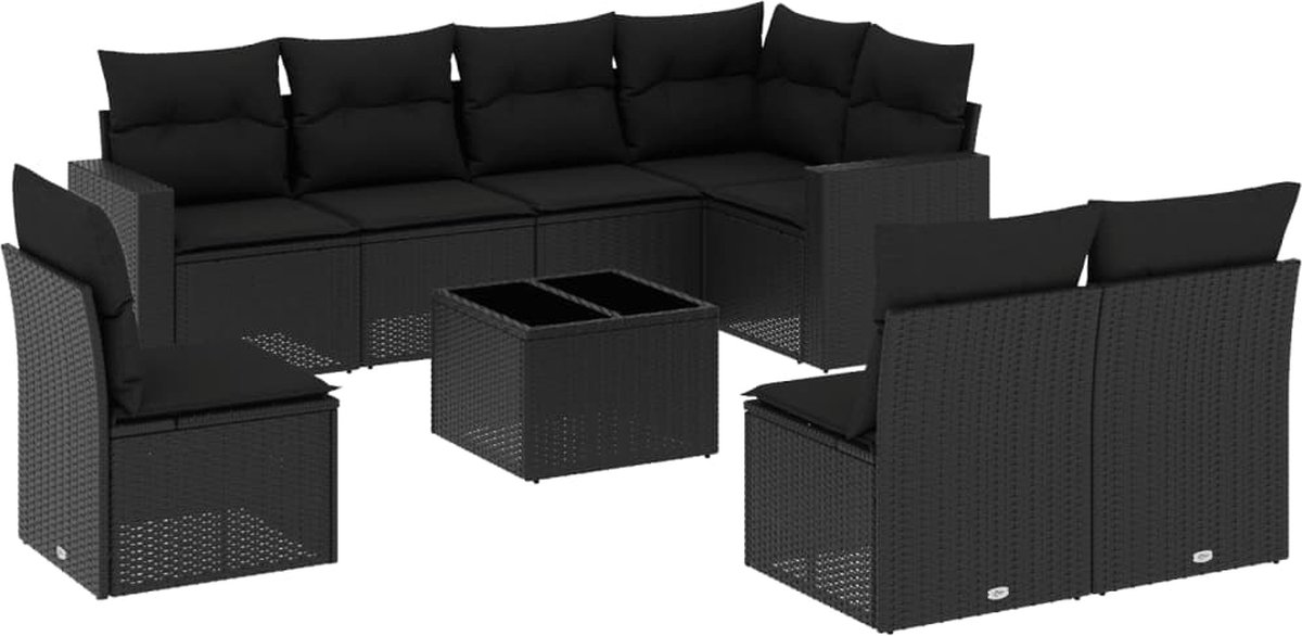 vidaXL 9-delige - Loungeset - met - kussens - poly - rattan - zwart