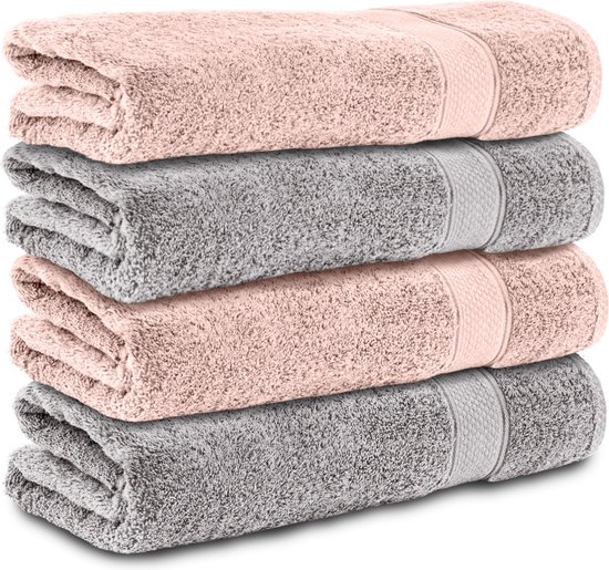 Komfortec handdoeken – Set van 4 - Badhanddoek 70x140 cm - 100% Katoen – Grijs&Roze