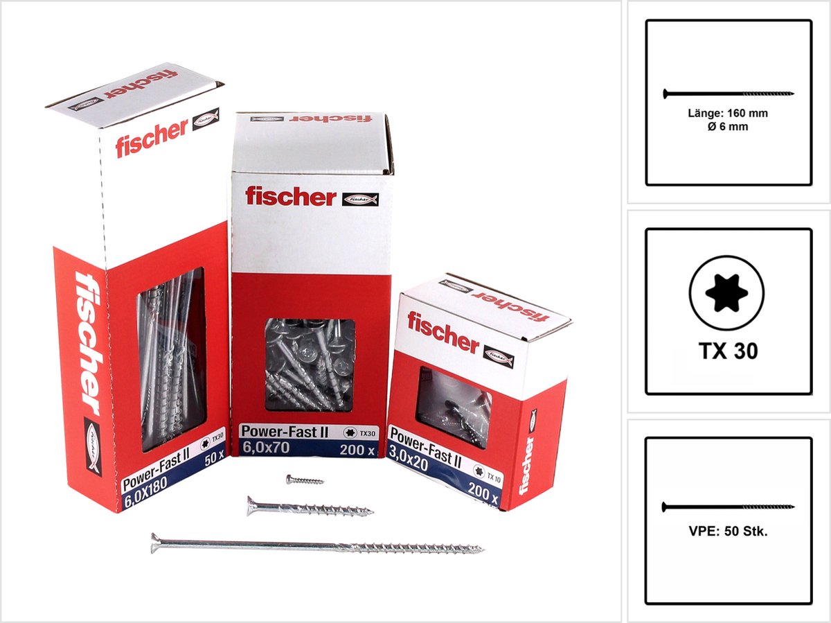 Fischer 50x Power-Fast II FPF II CTP 6 x 160 mm BC verzonkenkop met binnenzeskant TX30 deel draad galvanisch verzinkt blauw gepassiveerd - 670694