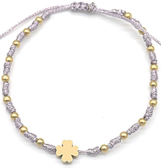 Bracelet en Tissus Femme - Perles et Trèfle en Acier Inoxydable - Cordon - Corde - Longueur Ajustable - Doré et Violet Clair
