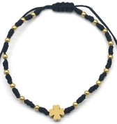 Bracelet en Tissus Femme - Perles et Trèfle en Acier Inoxydable - Cordon - Corde - Longueur Ajustable - Doré et Zwart