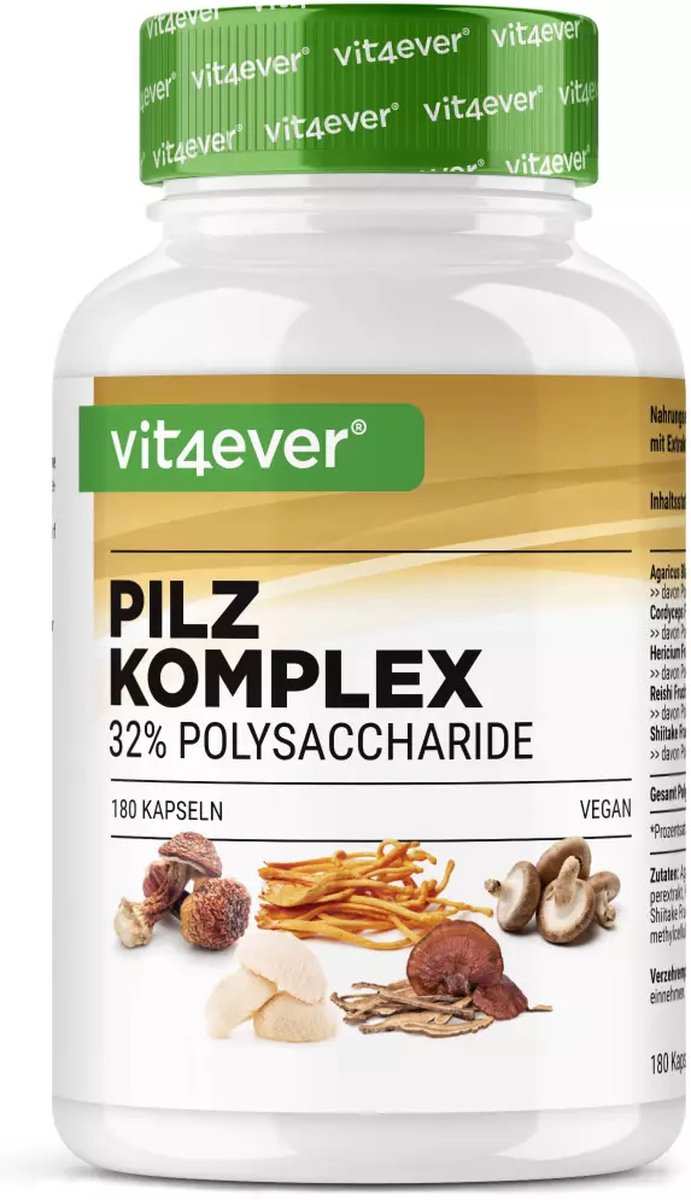 Goedkoopste Paddenstoelen complex - Met 5 soorten paddenstoelen - Lions Mane, Cordyceps, Reishi, Agaricus Blazei & Shiitake - 32 Polysacharide - 180 capsules met 750 mg extract - Vit4ever