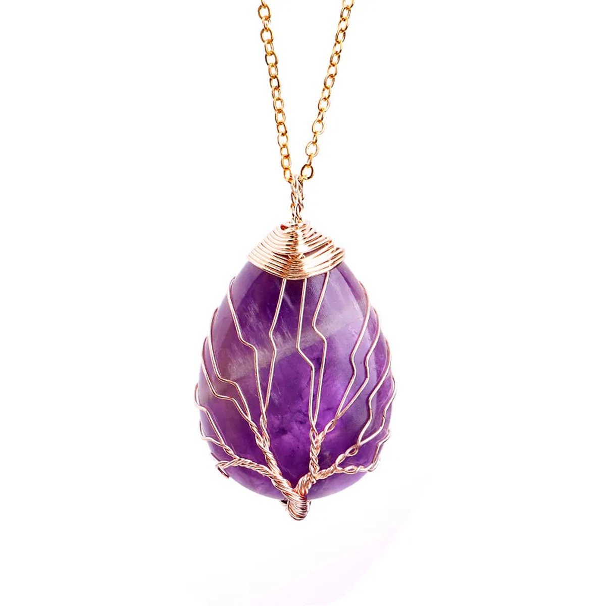 Cosy Casa® - Edelsteen - ketting - Goudkleur - Amethist - Amethyst - kristal - Three of life - spiritueel - Druppel - Bergkristal - Natuurlijke edelsteen ketting - Cadeauverpakking