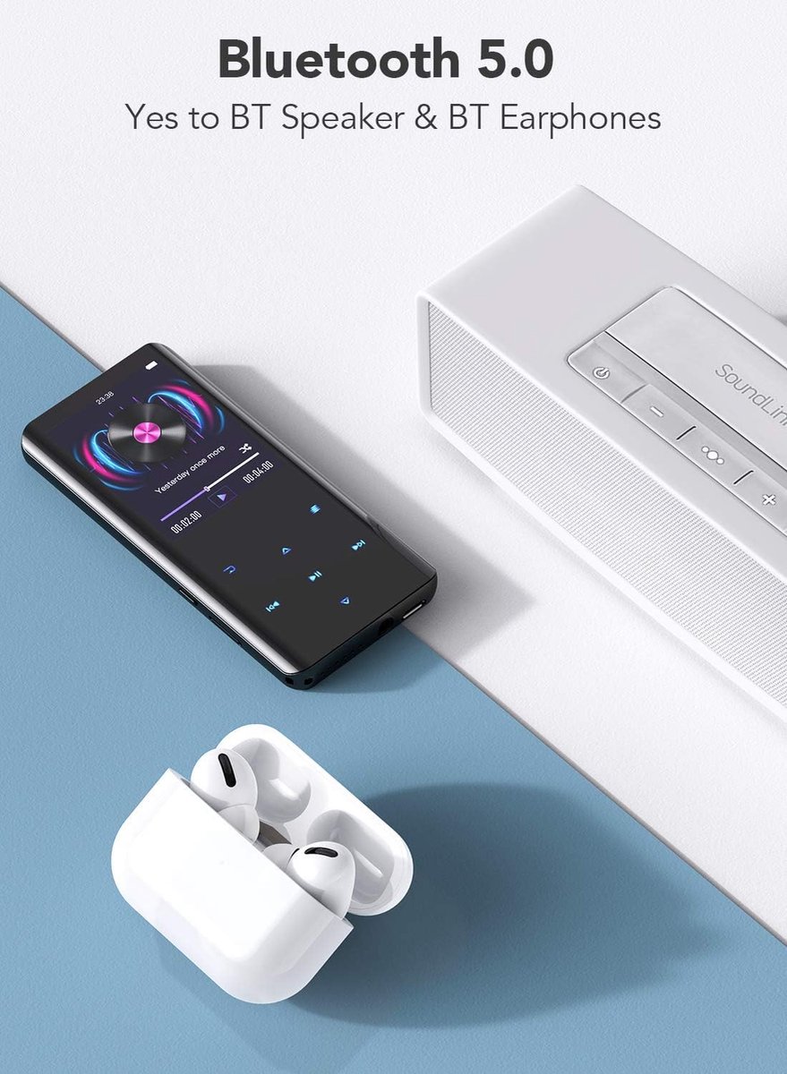 Lecteur MP3 AGPTEK 16 Go Bluetooth - Avec Haut-parleur Intégré, Radio FM, Enregistreur, écran Tactile