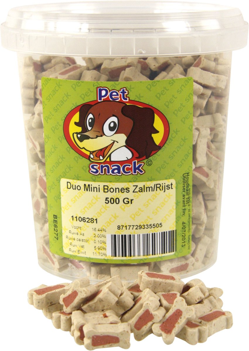 PETSNACK BOTJES MINI DUO ZALM/RIJST 500 GR