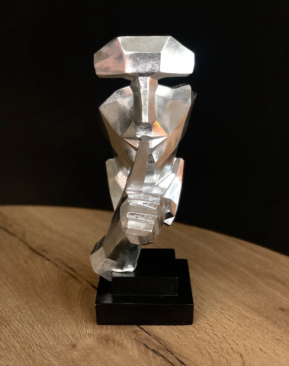 Silence zilver 35 cm hoog - polyresin - kunststof - interieur - voor binnen - interieurdecoratie - decoratiefiguur - modern - geschenk - cadeau - gift - verjaardag - Kerst - Nieuwjaar