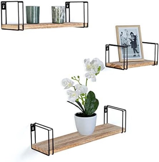 Set van 3 wandplanken Lily hout en metaal industrieel design