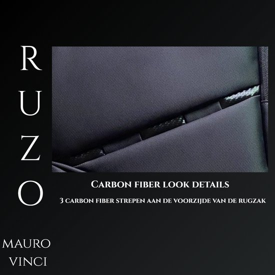 Detail van de rugzak met 'CARBON FIBER LOOK DETAILS' en 3 carbon fiber strepen.