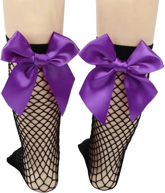 Fishnet Sokken met strikje - Black/Purple