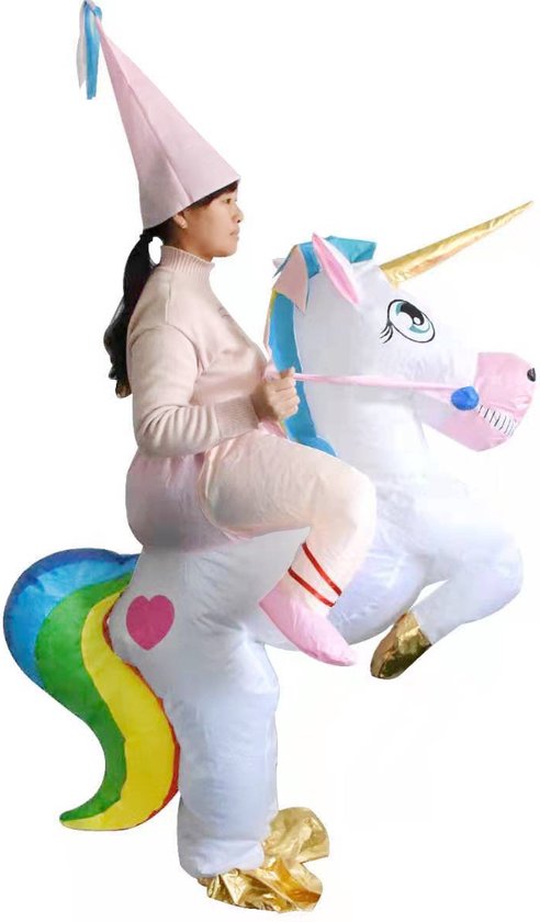 KIMU® Opblaas Kostuum Rijdend op Eenhoorn - Opblaasbaar Pak - Eenhoornpak Mascotte Opblaaspak - Opblaasbare Eenhoorn Unicorn Dames Heren Festival
