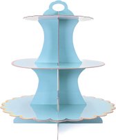 Intirilife Kartonnen Taartstandaard met 3 niveaus in Lichtblauw - 29 / 21.5 / 16 x 35 cm - Muffinstandaard van karton, cupcake standaard om zelf te bouwen