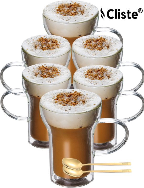 Dubbelwandige Koffieglazen Met Oor - Set van 6 - 400 ML - Gratis 6x Lepels - Latte Macchiato Glazen - Dubbelwandige Theeglazen - Cappuccino Glazen - Koffieglazen