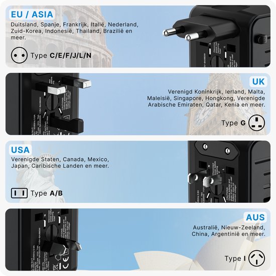 Voomy World Plug Universal - 4 Portes USB - Plus de 150 Landen - Prise de voyage Angleterre et Amérique - Zwart