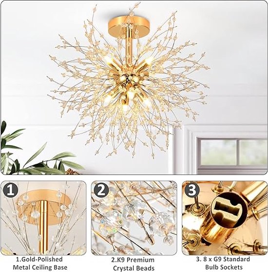 Modern Kristallen Plafondlamp, Vuurwerk Kristallen Kroonluchter, 8 Vlam