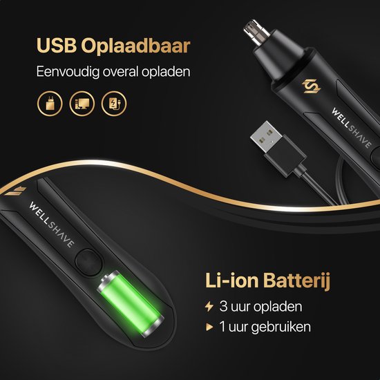 Zwarte Wellshave trimmer met een groene opgeladen batterij indicator en een USB oplaadkabel.