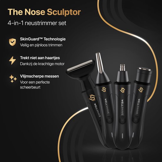 Set van vier zwarte Wellshave trimmers met gouden logo's: neustrimmer, detailtrimmer, scheerapparaat en bodygroomer.