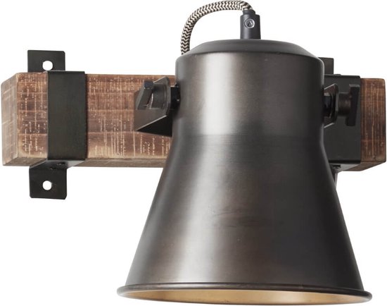 BRILLIANT lamp, Decca wandspot, zwart staal, 1x A60, E27, 10W, hout uit duurzame bosbouw (FSC)