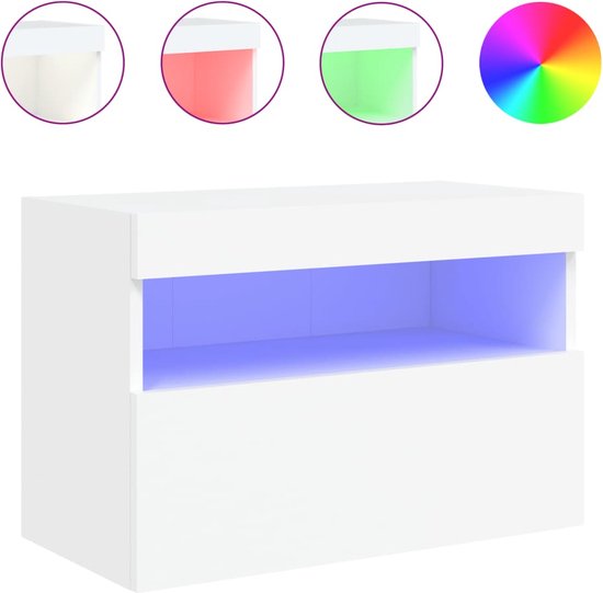 Witte kast met ledverlichting, open vak en gesloten vak. Met kleurensuggesties.