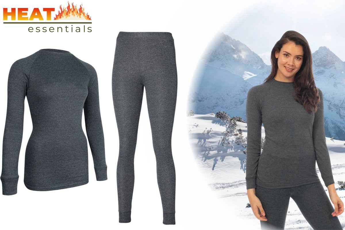 Heat Essentials - Thermo Ondergoed Dames - Set - Thermo Shirt en Thermo Broek - Antraciet - XL - Heat Essentials