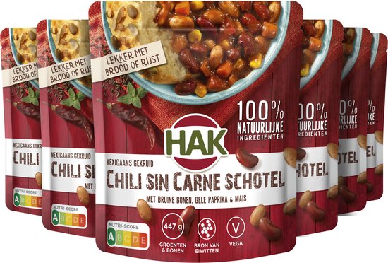 HAK Stazak Chili Sin Carne schotel - Doos 6x550 gram - Maaltijdoplossing - Bron van Proteïne / Eiwit - Vegan - Vega - Plantaardig - Lekker met Rijst of Wraps - Gemaksgroenten - Groenteconserven