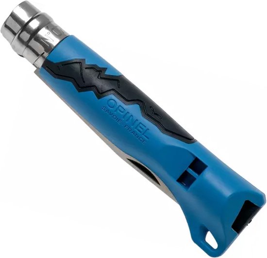 Gedetailleerde opname van het blauwe Opinel zakmes handvat met zwart patroon en fluitje.