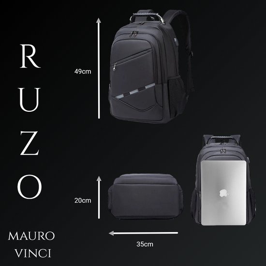 Afmetingen van de zwarte Mauro Vinci rugzak: 49cm hoog, 35cm breed en 20cm diep. Laptoptas met ruimte voor 17 inch laptop.