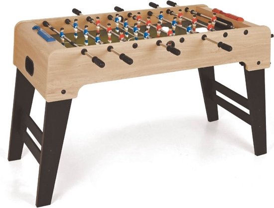 Houten voetbaltafel met donkergrijze poten en rode en blauwe spelers.