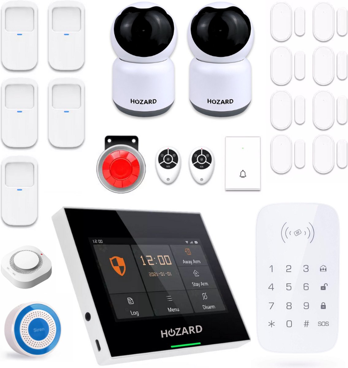 Hozard® Alarmsysteem A Plus | Bedieningspaneel | Draadloze Sirene - Smoke Detector | 2X HD Camera | Smart Home Beveiligingssysteem | Draadloos | Wifi & 4G | Touchscreen | Bel | Deur/Raam Sensoren | Beweging Sensoren