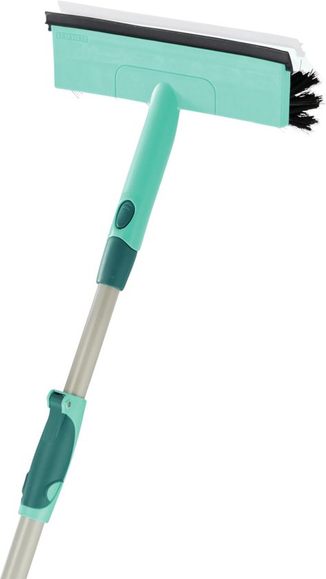 Raclette de fenêtre turquoise avec balai et manche télescopique.