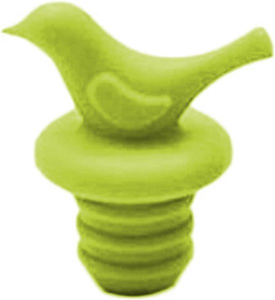 Groene siliconen flesstop in de vorm van een vogel.