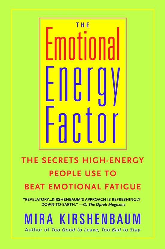 Boek "The Emotional Energy Factor" met gele kaft, rode en blauwe letters, bevat tekst over emotionele energie.