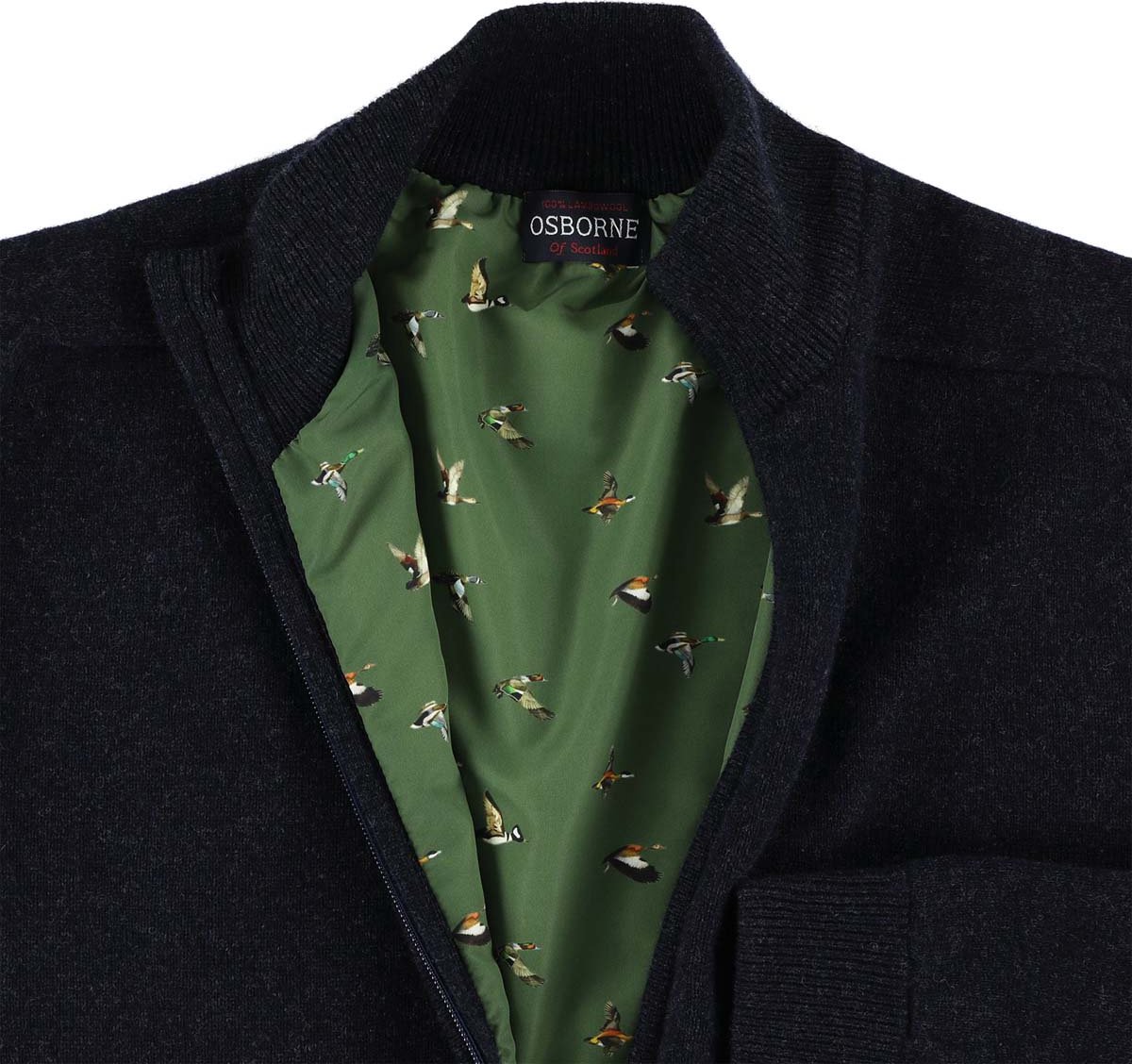 Osborne Knitwear Windstopper cardigan met rits heren – Trui met rits heren in Lamswol - Pullover Heren - Indigo Melange - Voering met eendenprint - 3XL