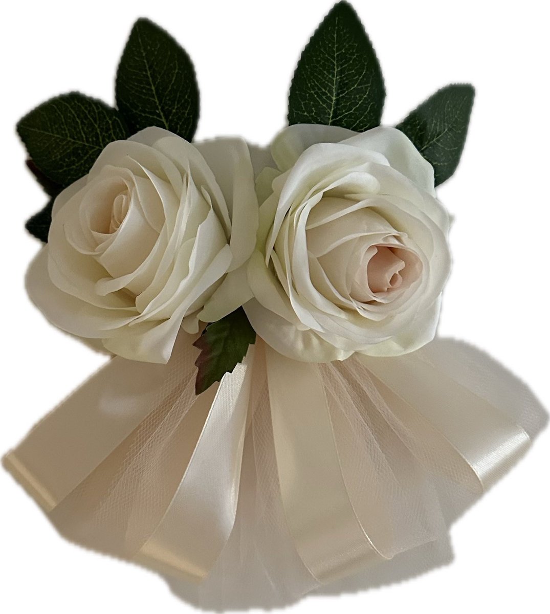 LINA CHAMPAGNE KLEUR Handvatten Decoratie 4 stuks - Trouwauto Versiering - Champagne Kleur Rozen met Linten en Tule - Bloemen voor op de Handvatten - Versiering Handvat Auto - Autoversiering voor Volgauto's