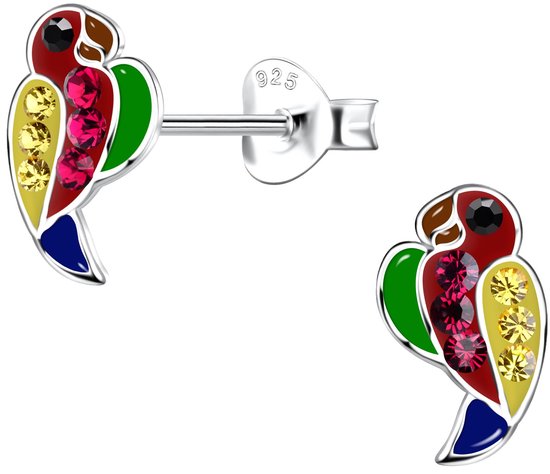 Joy|S - Zilveren papegaai oorbellen - 6 x 10 mm - kristal - vogel oorknoppen - kinderoorbellen