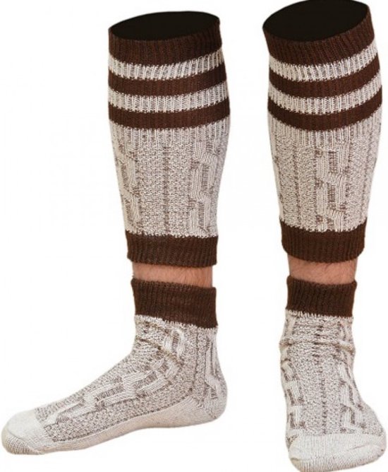 Kniehoge sokken met kabelpatroon, bruine strepen en donkerbruine boord.