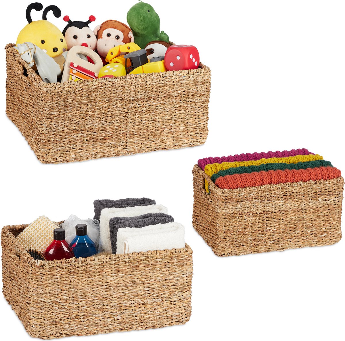 gevlochten manden - set van 3 - zeegras - kastmand - handgrepen - 3 groottes