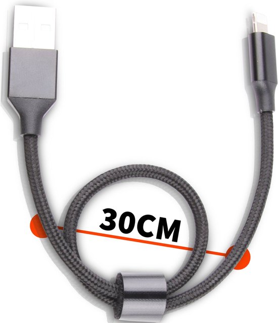 Korte USB Kabel - Geschikt voor Apple CarPlay, iPhone - Oplader Kabel - Gevlochten Nylon - 30 CM - 2.4A Snelladen - Datakabel - Phreeze