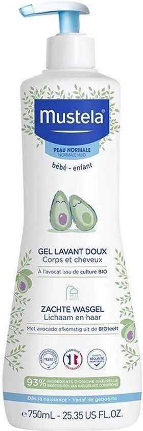 Mustela zachte wasgel 750ml, met avocado, voor baby en kind. Witte fles met blauwe pomp en groene avocado-illustraties.