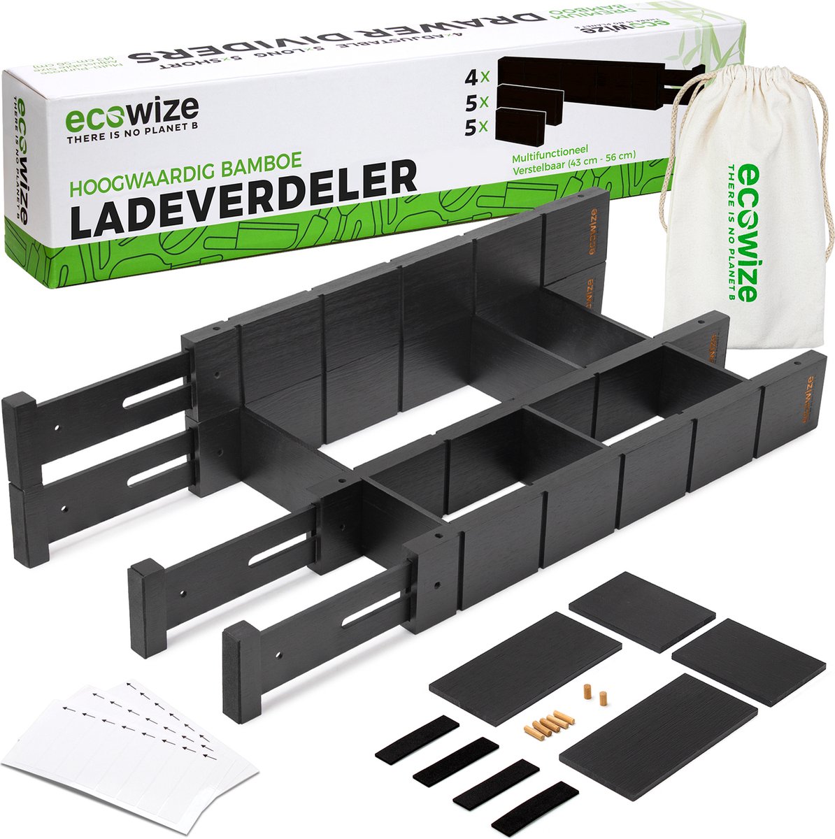 Ecowize Luxe Lade Organizer - Ladeverdeler Verstelbaar 100% Natuurlijk Bamboe - Keuken Organizers - Set van 4 Ladeverdelers, Uitschuifbaar (43cm tot 56cm) - Eenvoudig te Installeren - 100% Natuurlijk Bamboe