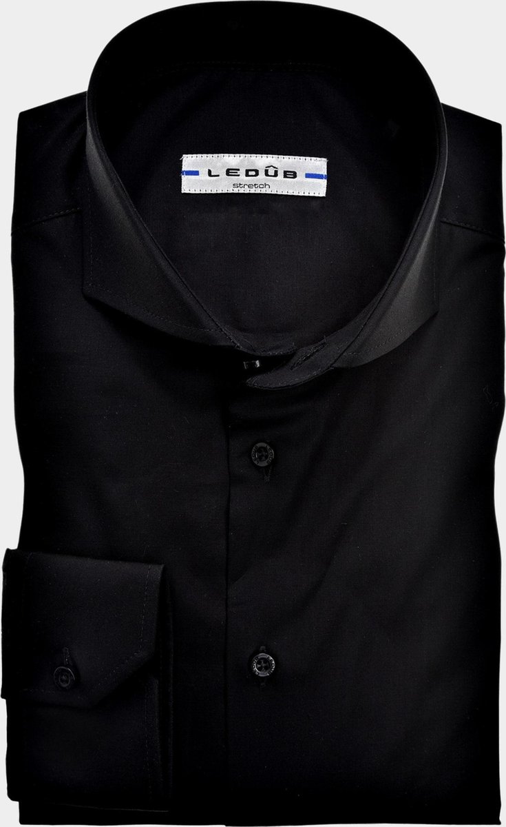 Ledub modern fit overhemd - zwart stretch - Strijkvriendelijk - Boordmaat: 45