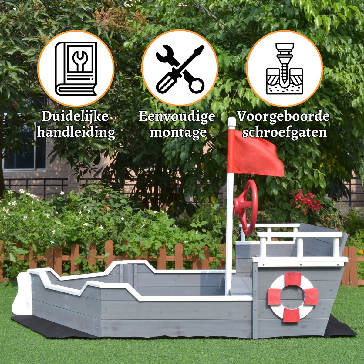 Rijoka Houten Zandbak Schip - Inclusief Grondzeil - Zitbank met Opbergvak - Boot Speeltoestel - 1950 x 940 x 1355mm — afbeelding 2