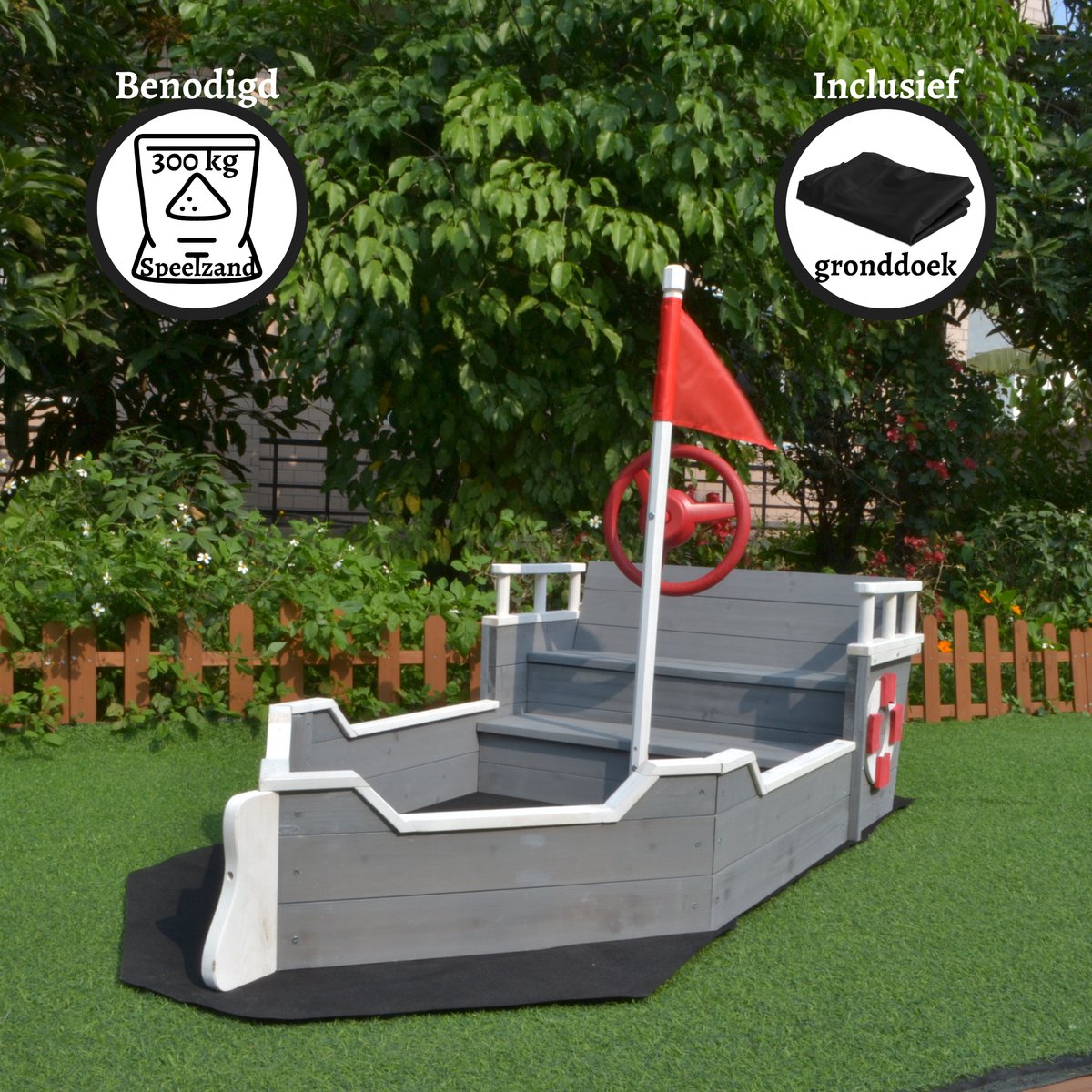 Rijoka Houten Zandbak Schip - Inclusief Grondzeil - Zitbank met Opbergvak - Boot Speeltoestel - 1950 x 940 x 1355mm — afbeelding 3