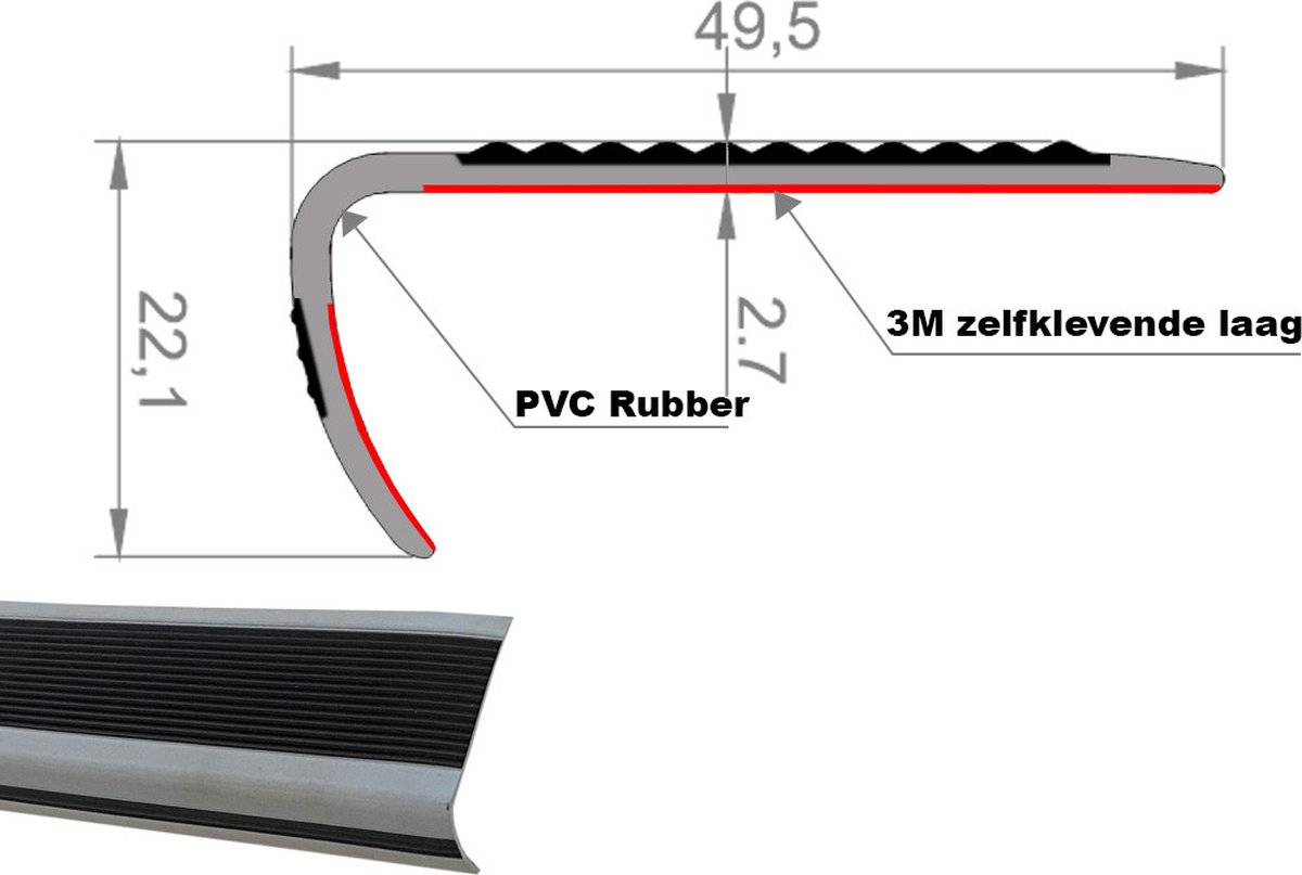 Trapprofiel met zelfklevende laag antislip rubber 115cm lengte PVC kwaliteit Grijs met zwarte bies Rubber hoekprofiel trapneus rubber hoekprofiel trap traptrede profiel trapneusprofiel