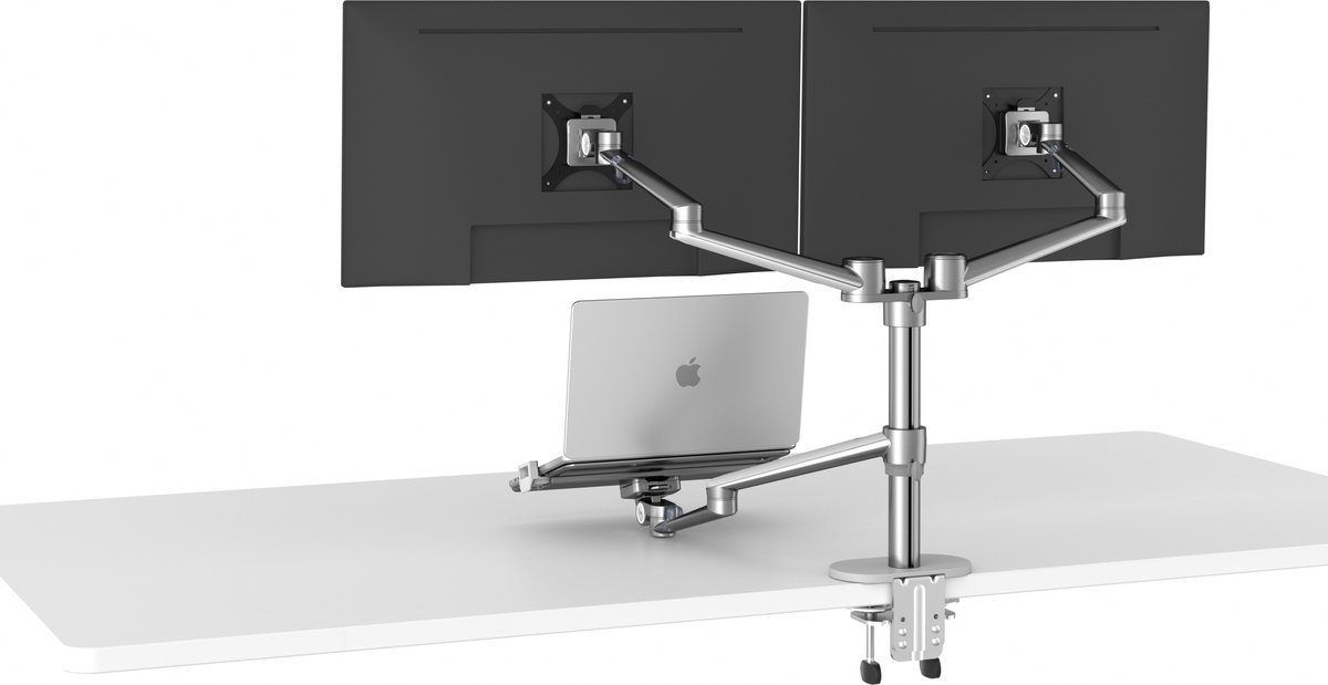 Alberenz Dubbele Monitor Arm met Laptop Standaard zilver thumbnail 5