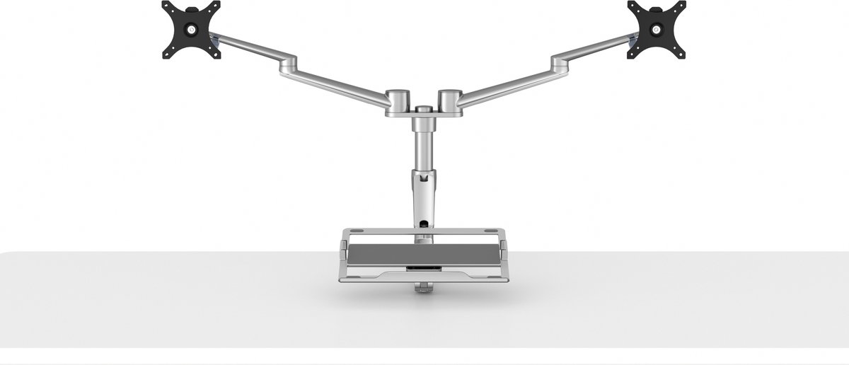 Alberenz Dubbele Monitor Arm met Laptop Standaard zilver thumbnail 6