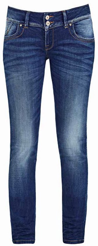 Blauwe skinny jeans met een dubbele knoopsluiting en lichte wassing.